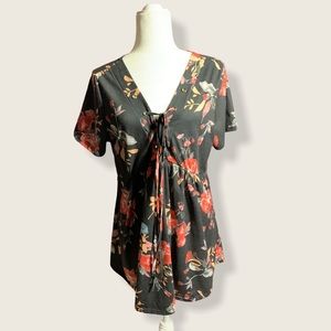 Floral Babydoll Tie-front Blouse Top
